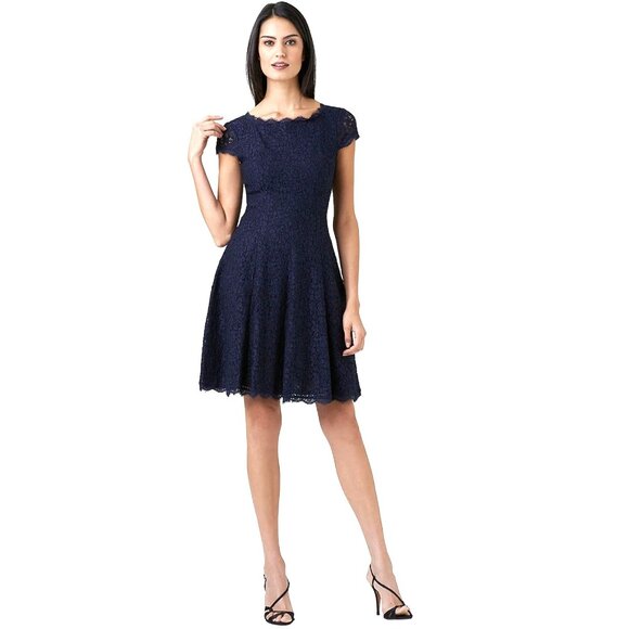 Adrianna Papell Navy Blue Lace Fit & Flare Scalloped Dress Size 12 Evening Party - Picture 1 of 8